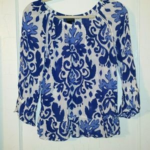 INC blue and white blouson sleeved peasant top